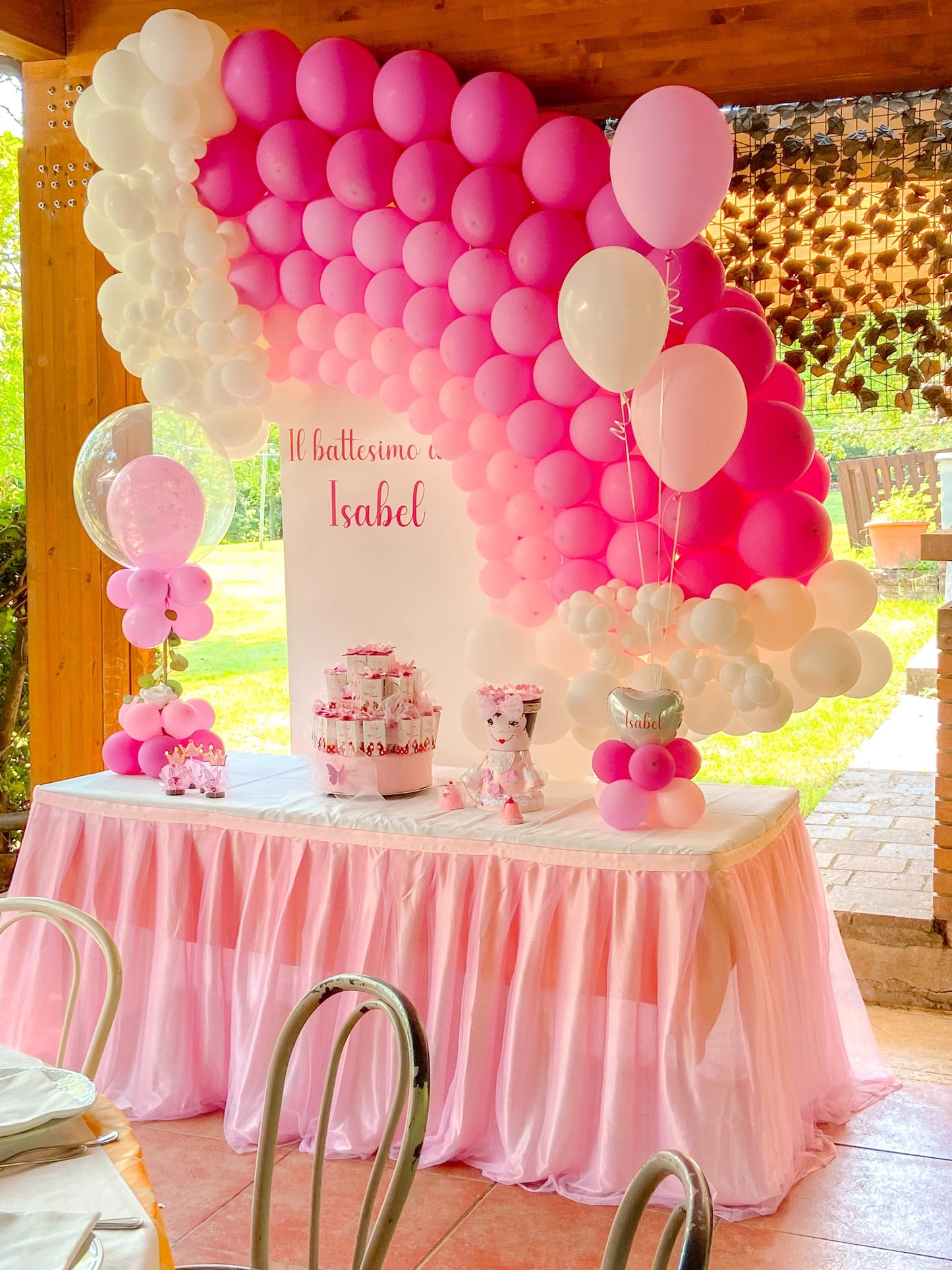 Allestimento come la foto/ Arcobalena di palloncini rosa/ Sfondo bianco personalizzato/ mini composition/ Palloncini ad elio