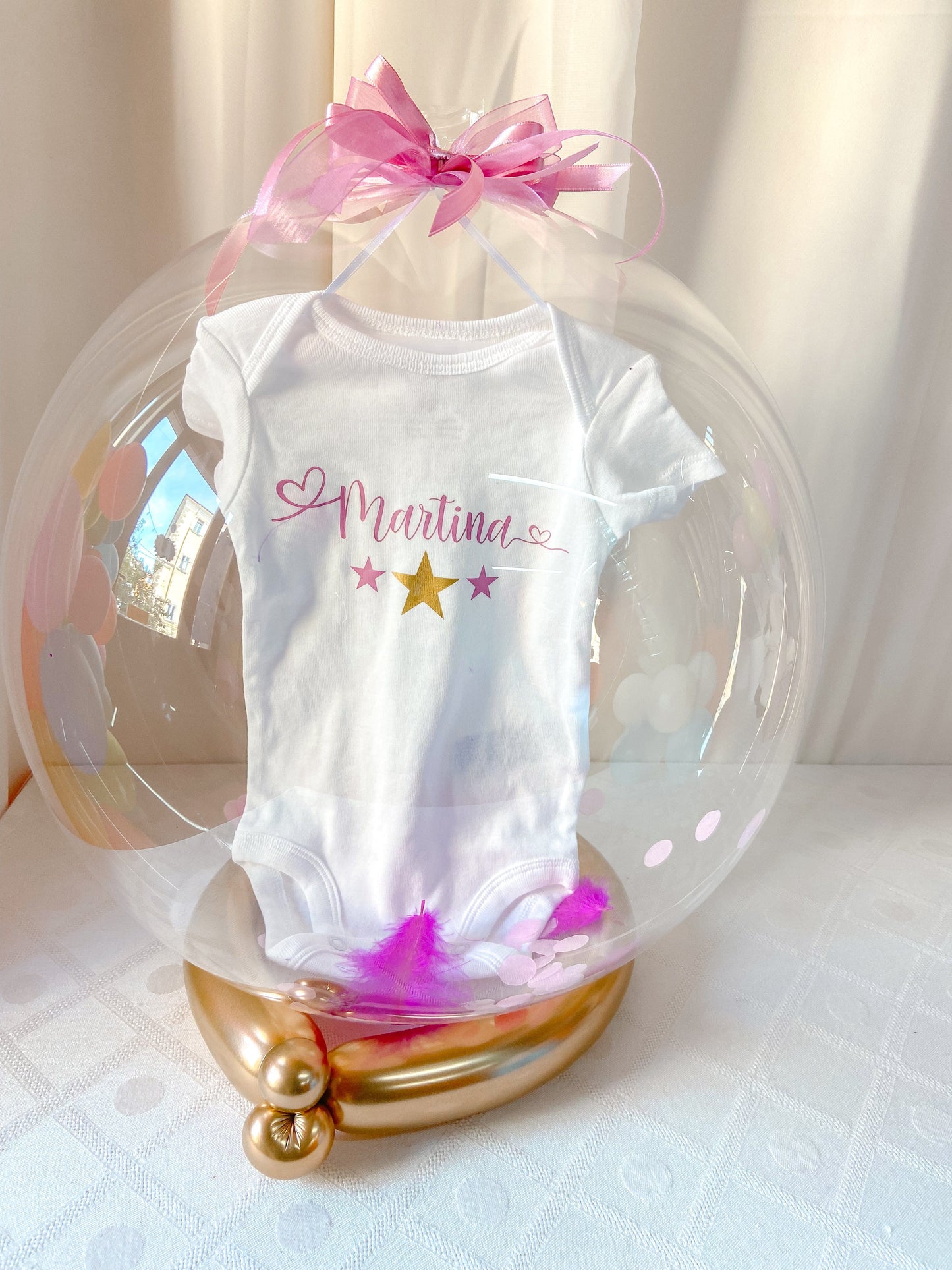 Body bimbo/ bimba personalizzato all'interno di palloncino trasparente/ Scritta rosa, azzurra, nera