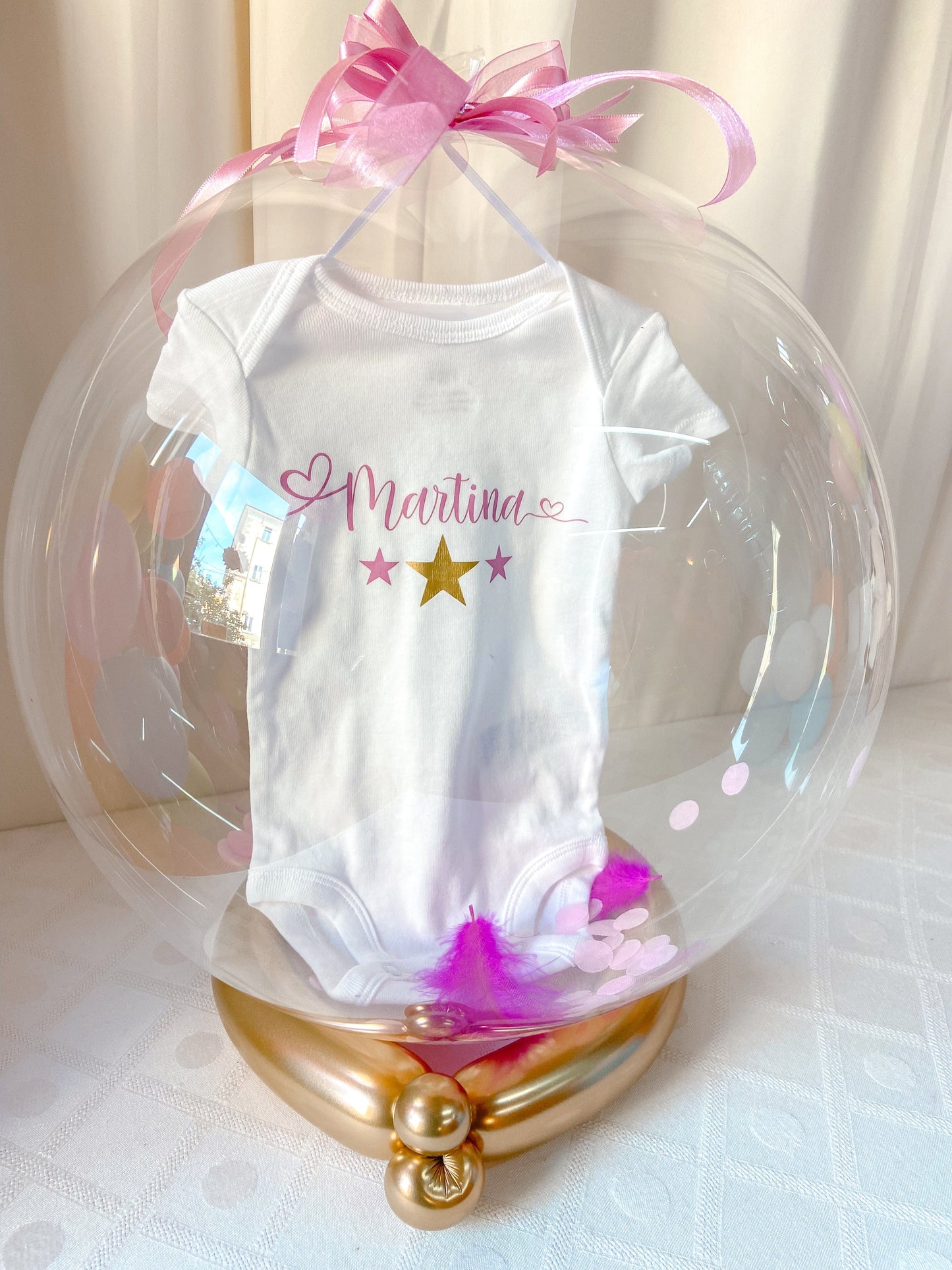 Body bimbo/ bimba personalizzato all'interno di palloncino trasparente/ Scritta rosa, azzurra, nera