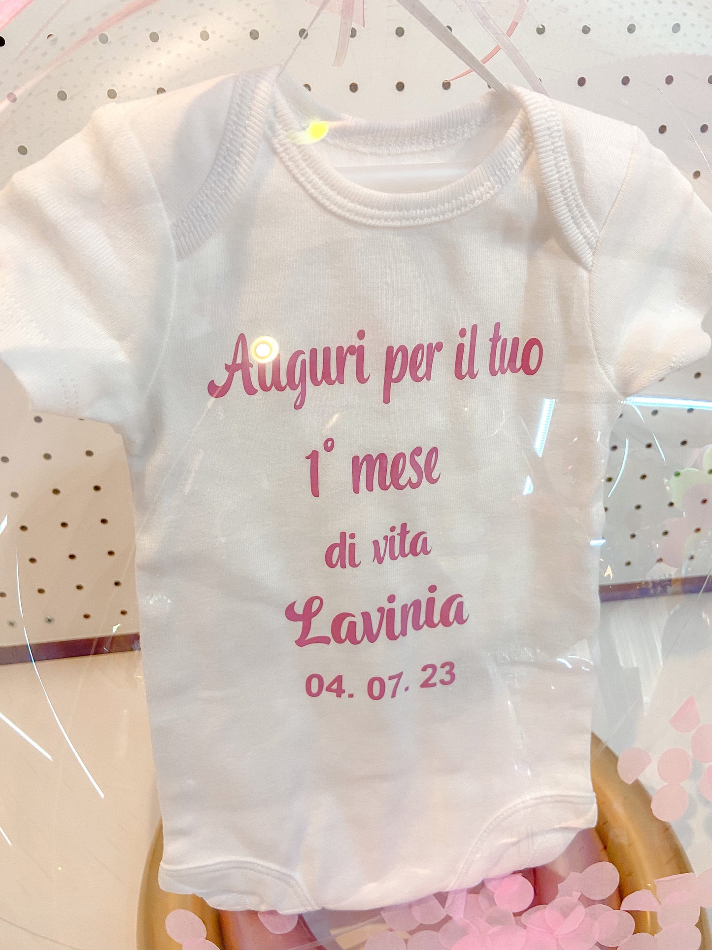 Body bimbo/ bimba personalizzato all'interno di palloncino trasparente/ Scritta rosa, azzurra, nera