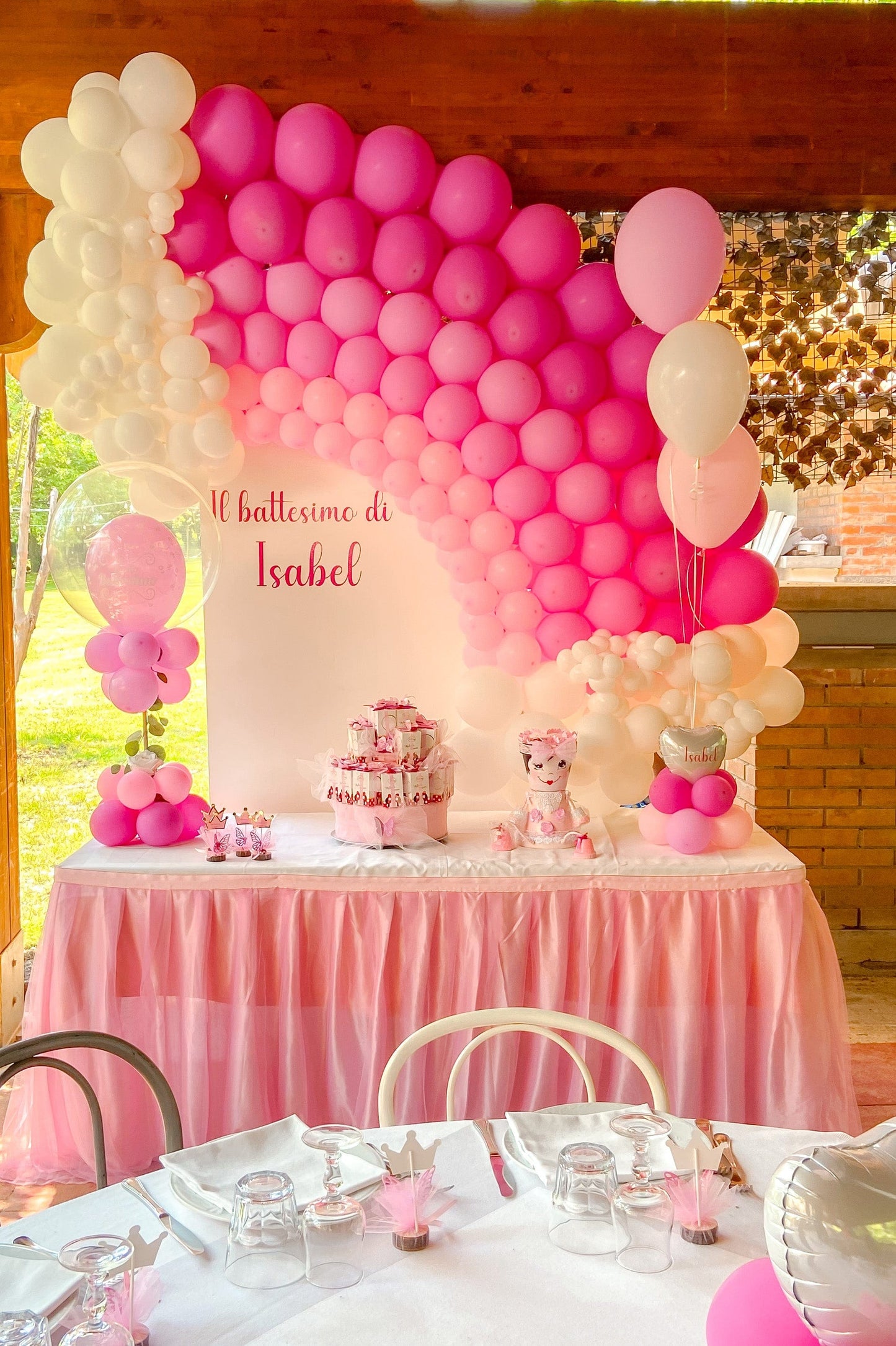 Allestimento come la foto/ Arcobalena di palloncini rosa/ Sfondo bianco personalizzato/ mini composition/ Palloncini ad elio