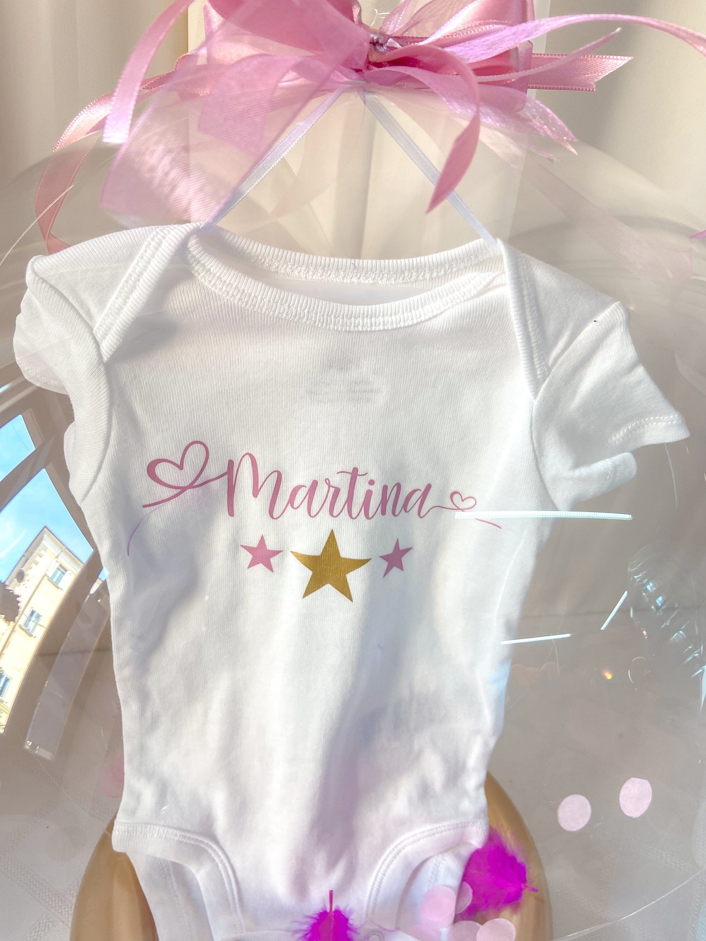 Body bimbo/ bimba personalizzato all'interno di palloncino trasparente/ Scritta rosa, azzurra, nera