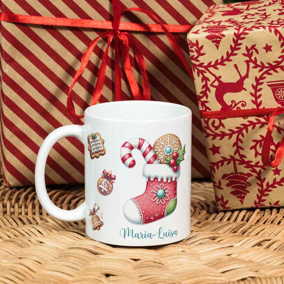 Tazza natalizia con grafica natalizia e nome personalizzabile