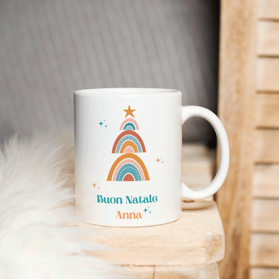 Tazza di natale boho-albero di natale arcobaleno boho