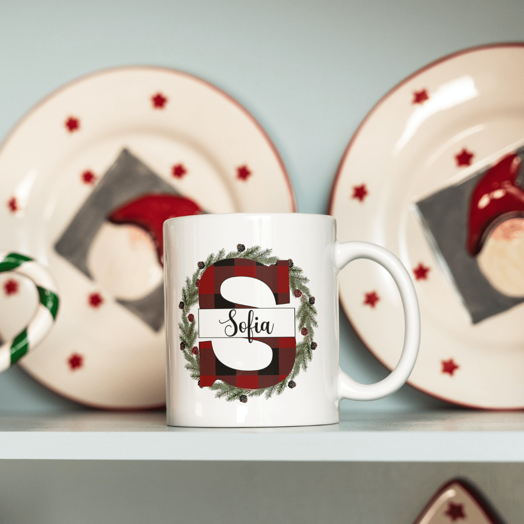 Tazza di natale con nome personalizzabile e ghirlanda natalizia