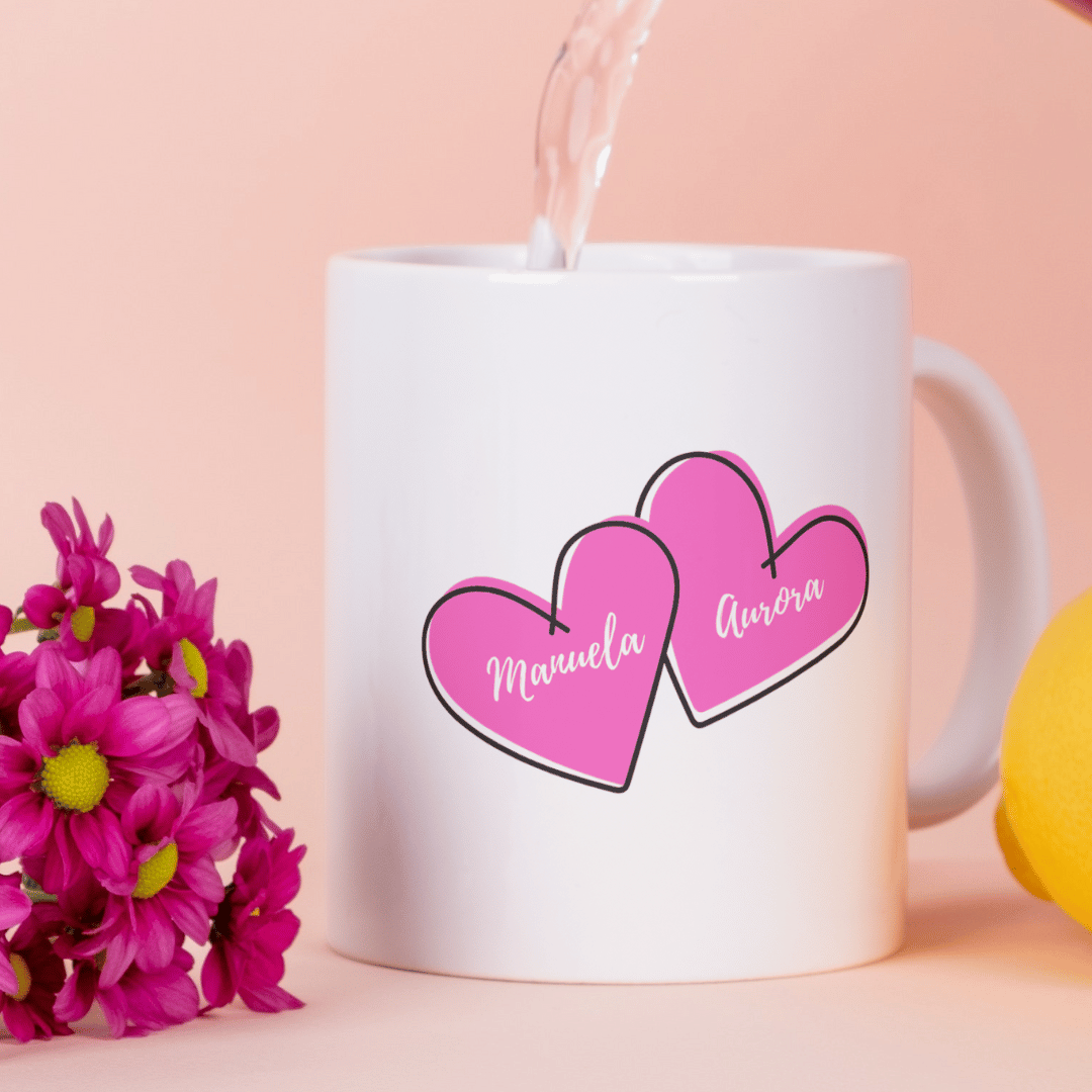 Tazza Personalizza con cuori rosa ad incastro con nomi
