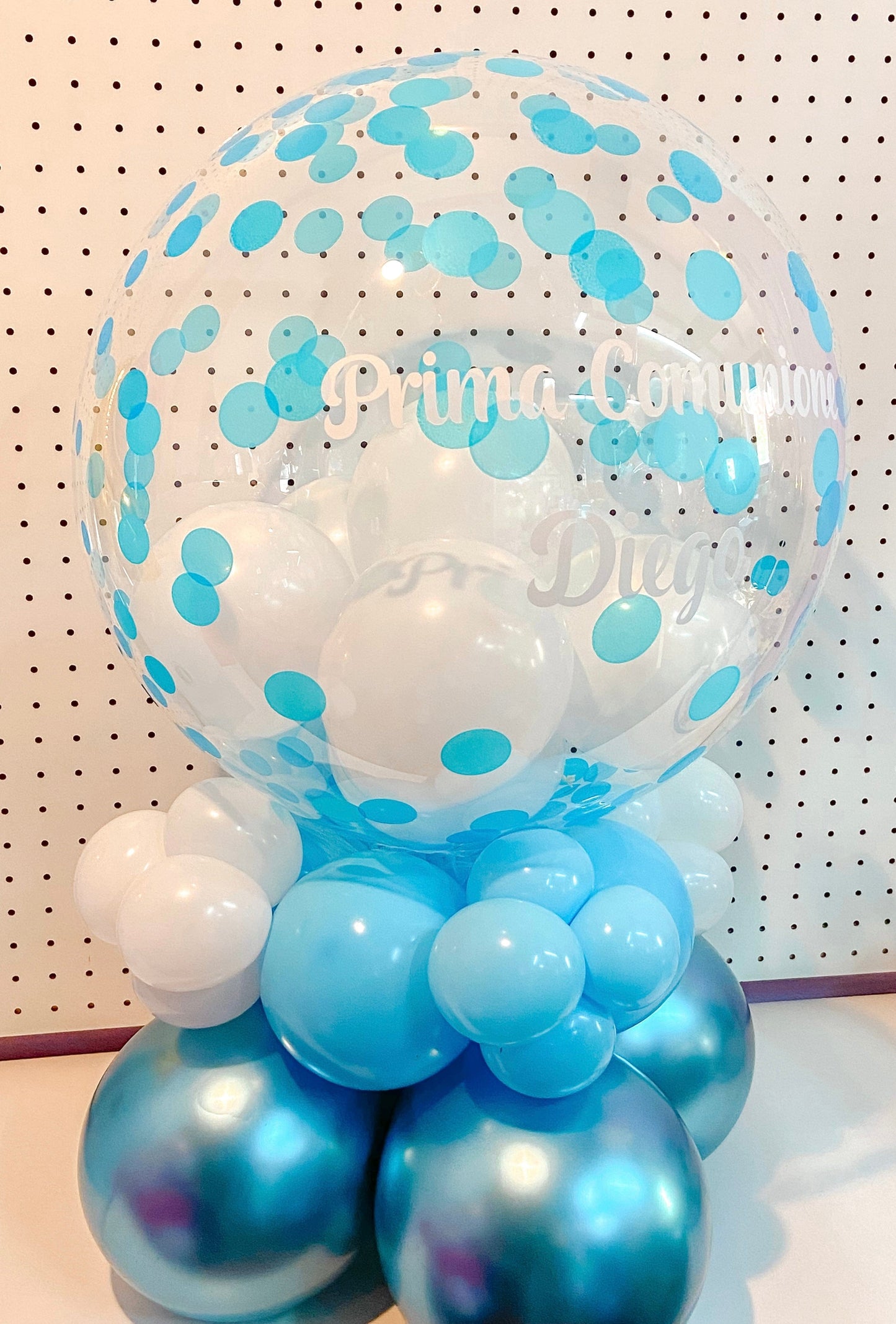 Centrotavola di palloncini pois azzurri/ rosa- Composizione personalizzabile