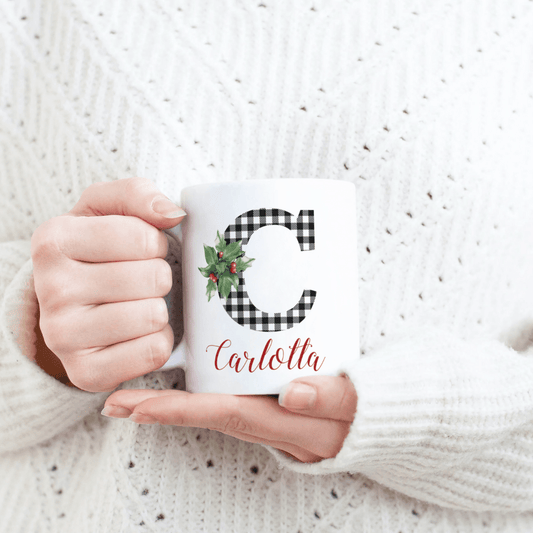 Tazza di natale con monogramma motivo a quadri di bufalo (Buffalo Plaid) bianco/ nero