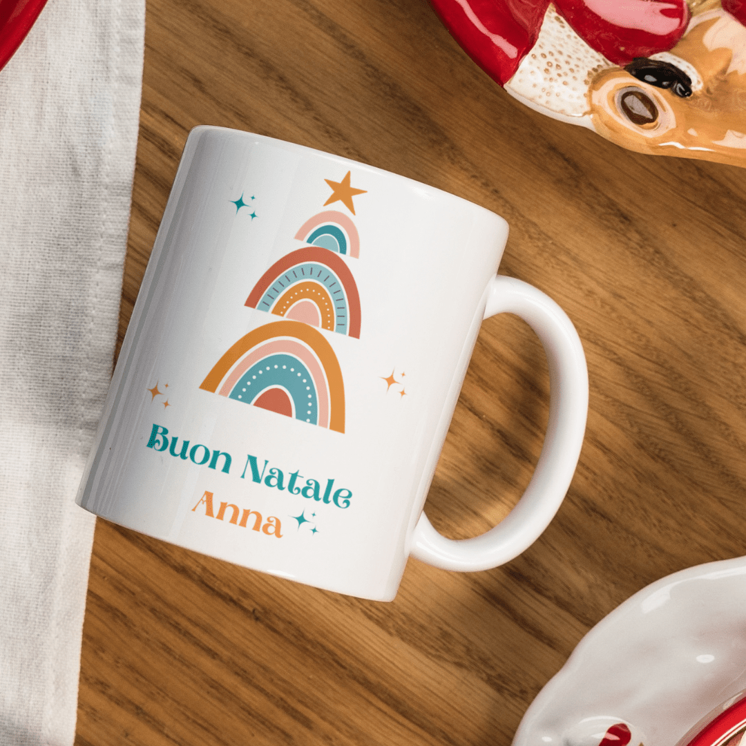 Tazza di natale boho-albero di natale arcobaleno boho